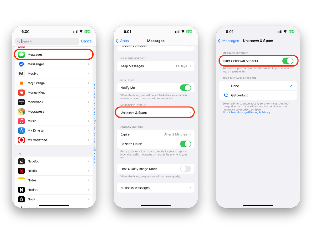 Filter Unknown Senders in Messages