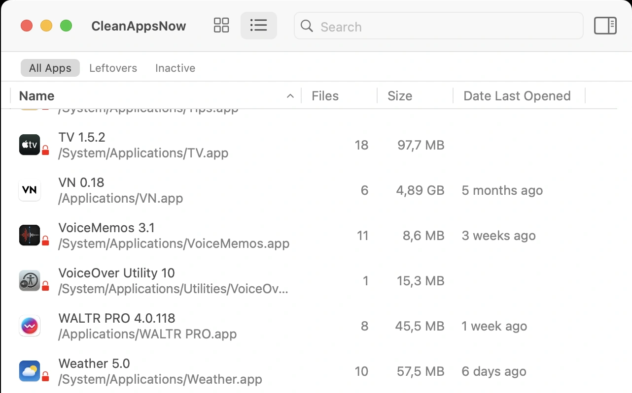 CleanAppsNow app list and category tabs